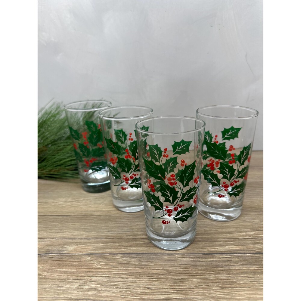 Vintage 1960s Indiana Glass Holiday Holly Berries 16 oz Tumbler Glass Set of 4